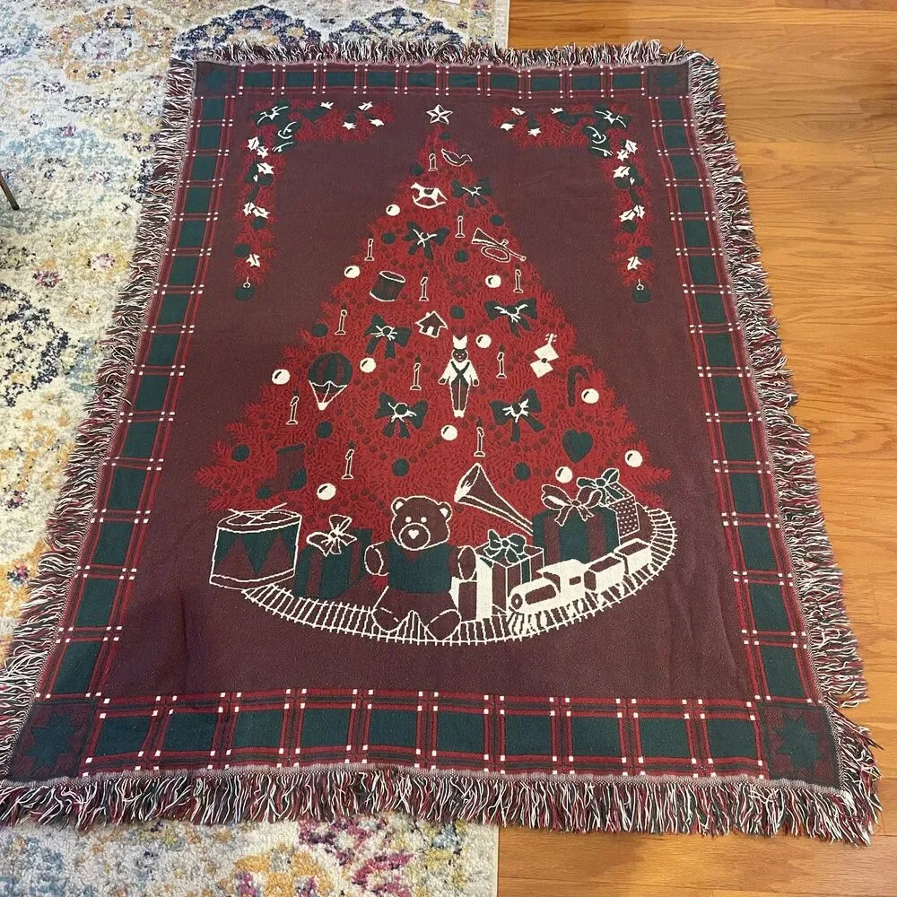 VTG Woven Tapestry Christmas Blanket Reversible Tree Bear Train Victorian Trad